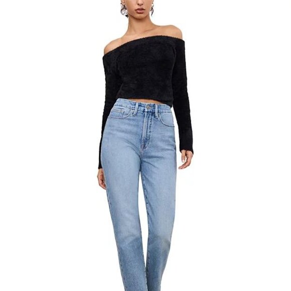 Good American Fuzzy Off-the-Shoulder Black Cropped Sweater Top NWT XS - Picture 2 of 5
